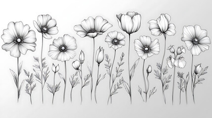 Grayscale Botanical Art on Light Background: Detailed Lines of Various Flowers, Buds & Leaves in a Row