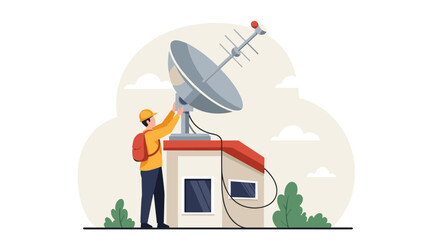 Technician adjusting satellite dish on building roof in flat style