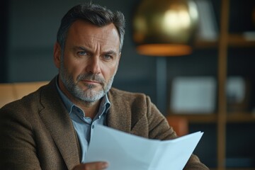 Close-up of a serious businessman in an office, holding documents and looking thoughtfully to the side, Generative AI
