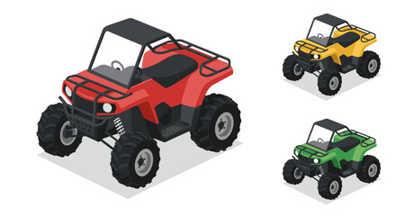 Isometric all terrain vehicles in three vibrant colors