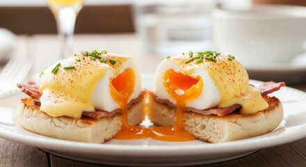 Delicious Eggs Benedict with Hollandaise Sauce and Bacon on a Toasted Muffin Breakfast