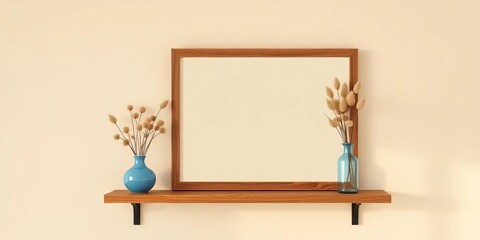 Beige wall, wooden shelf, blue vase, dried flowers, empty frame mockup,  wooden,  empty