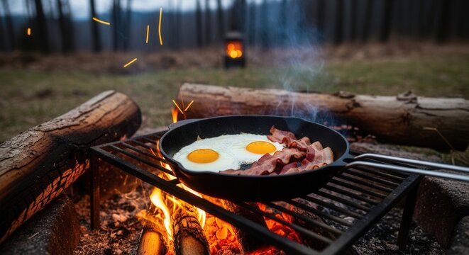 Delicious campfire breakfast with eggs and bacon cooked over an open fire outdoors with nature