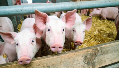 A group of pink piglets peek inquisitively over a wooden fence in a straw-filled pen, illuminated by bright overhead light, in a livestock enclosure