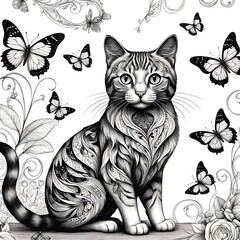 Obraz premium A Beautiful Cat and Butterfly Adult Coloring Book Page