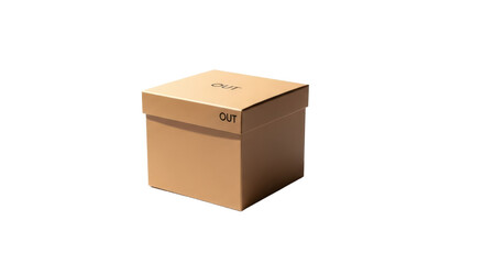 A brown box has the word "OUT" printed on it. Packaging, organization, storage, delivery and moving.