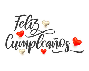 Feliz Cumpleaños text black lettering with hearts. Feliz Cumpleaños sticker or Happy Birthday Spanish Greeting Card Design Festive.
