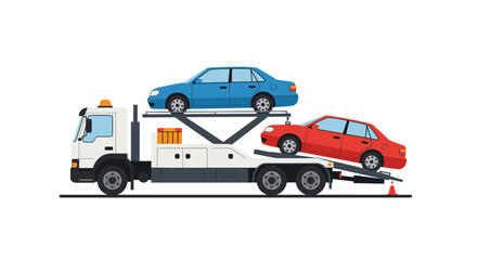 Naklejka premium Towing truck hauling two cars in flat style