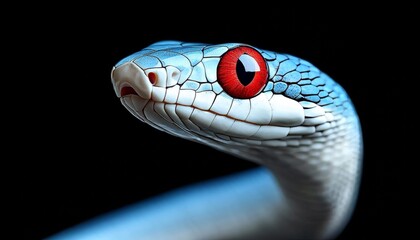 Fototapeta premium Captivating Image of an Enigmatic Snake with Striking Blue Scales and Intense Red Eyes on Black