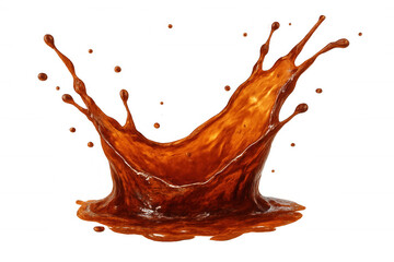 Brown liquid splashing, creating dynamic crown-like pattern, transparent backdrop highlighting beverage's energy and movement