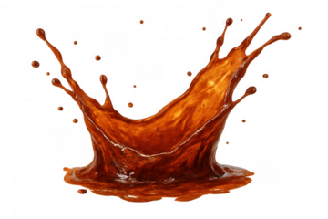 Brown liquid splashing, creating dynamic crown-like pattern, transparent backdrop highlighting beverage's energy and movement