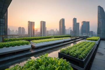 Fototapeta premium Rooftop garden with hydroponic system, smart irrigation, modern city skyline background.