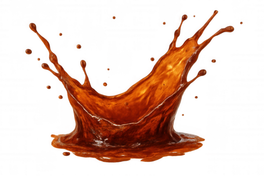Brown liquid splashing, creating dynamic crown-like pattern, transparent backdrop highlighting beverage's energy and movement - Powered by Adobe