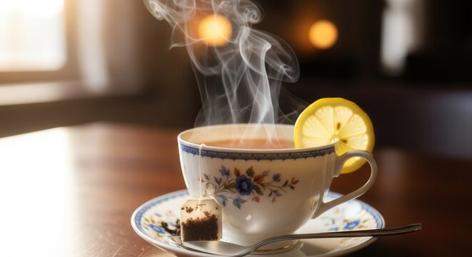 Elegant afternoon tea setting with steaming cup lemon slice and sunlight warmth ambiance