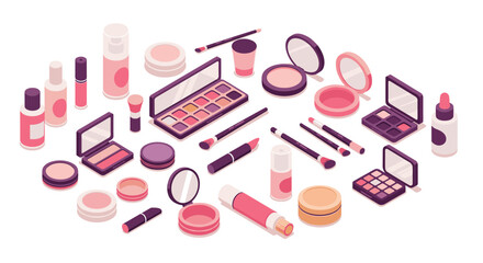 Isometric makeup essentials: a collection of beauty products in soft pink and nude