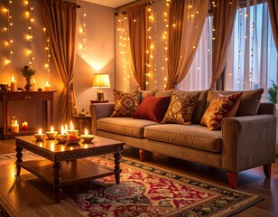 Fototapeta premium Aesthetic ultra realistic festive drawing room featuring sofa with embroidered cushio 