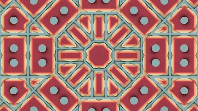 A dynamic kaleidoscope of vintage-colored 3D shapes. Seamless 4K animation. Art Deco-style ornament. It is a hypnotic background for stylish projects, VJ sets, and music. 3d rendering
