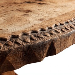 Rustic wooden tabletop with intricate carvings and natural textures