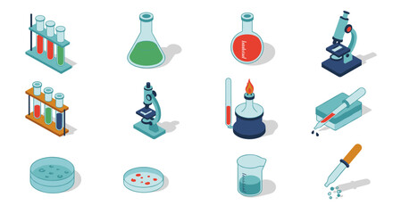 Isometric lab equipment set: test tubes, flasks, microscopes, and more