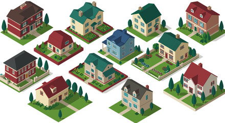 Isometric suburban houses collection with gardens and trees in various styles