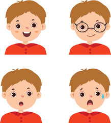 Set of cute baby boy facial expressions. Illustrated baby faces with various emotions such as happy, smiling, laughing, surprised, shocked, confused, worried.