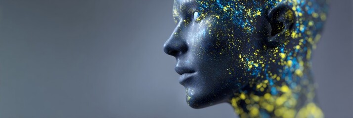 AI face speckled in cosmic blue and golden stardust, celebrating International Day of Space Art and Galactic Confluences