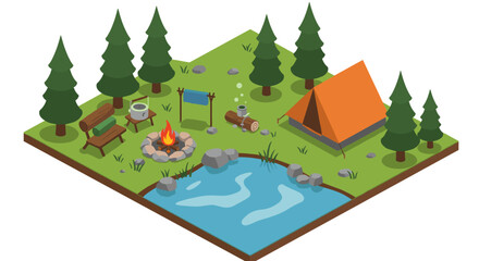 Isometric camping scene with tent and campfire in forest landscape