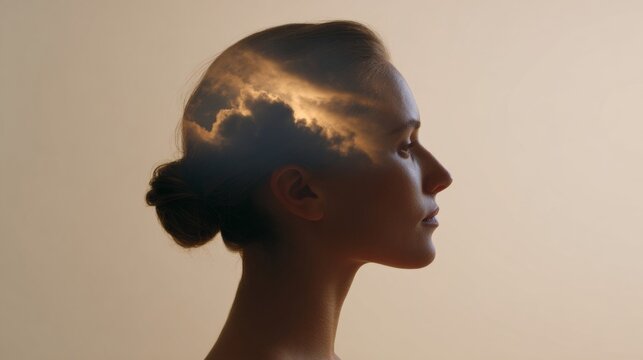 A contemplative silhouette of a European woman merges with ethereal cloudscape, embodying mindfulness and World UFO Day intrigue