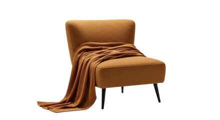 Stylish chair features a blanket draped over its seat. Interior design, furniture, comfortable seating, home decor.