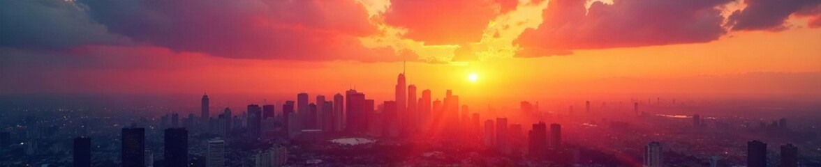 Fototapeta premium Hopeful Sunrise Cityscape Vibrant Dawn Over Urban Skyline, Symbolizing Progress, Potential, and a Positive Future