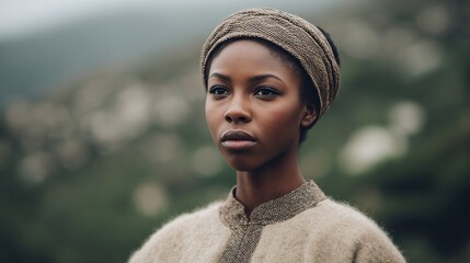 African descent woman in serene landscape, ethereal tranquility, headwrap grace, exploring Kwanzaa unity and heritage in nature's whisper