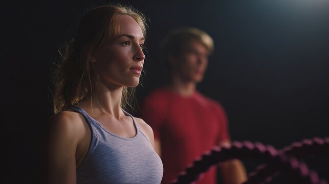 ```plaintextFocused Caucasian female with battle ropes, embodying modern resilience and strength, echoing World Fitness Day's transformative spirit```