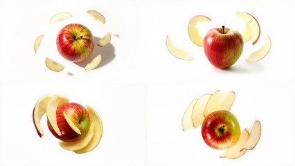 Four pictures of apples cut in half background cartoonish figure expression motion depth emotion colorful style backgrounds movement creative composition gesture scene layers frame