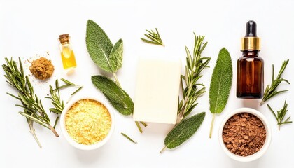 Flatlay A white surface showcases skincare elements; herbs, essential oils, powders, and a bar of soap are arranged artistically