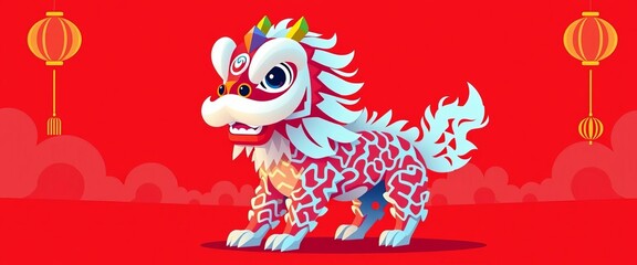 Fototapeta premium Cute lion dance, geometric shapes, vibrant colors, flat vector illustration, Chinese New Year, minimalist design, red background, china, vector