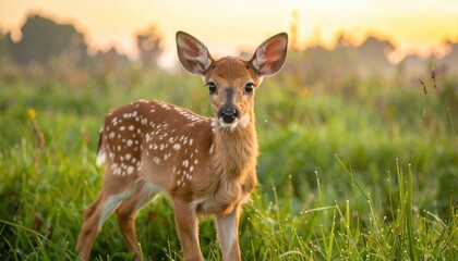 Adorable fawn stands in a grassy meadow at dawn, gazing forward with curious eyes as the warm sunlight filters through the trees in the background