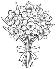 Daffodil bouquet illustration featuring a detailed floral arrangement of blooming flowers with stems and leaves tied with ribbon in decorative vector design for seasonal and festive use