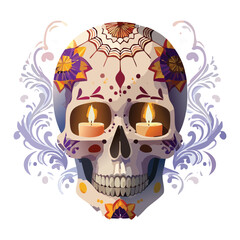 Ornate Day of the Dead Sugar Skull with Swirls and Lit Candles Gothic Theme Vector Illustration