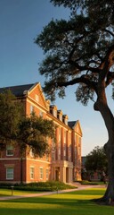Naklejka premium A brick academic building at sunset, framed by a large oak tree