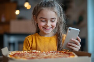 Smiling young girl who ordered pizza online, holding her phone and looking at the box with excitement, Generative AI