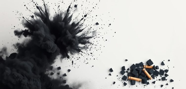 Exploding cloud of black chalk dust and pieces against white background,  contrast,  art