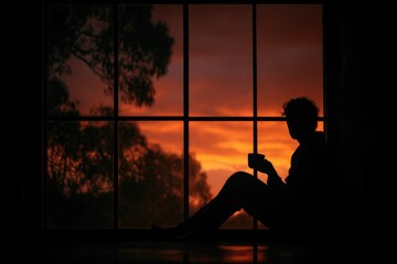 Silhouette of a person sitting by a large window, watching the sunset with a cup of tea, warm moody tones.