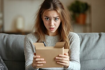 Portrait of a disappointed young woman sitting on the sofa at home, eating fresh salad and vegetables, tired of dieting, and looking frustrated at the camera, Generative AI