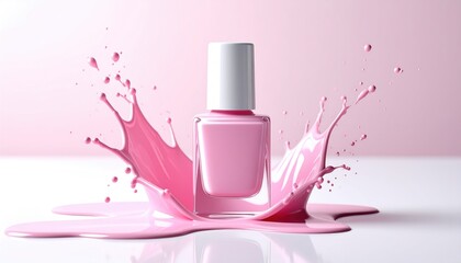 Glossy pink nail polish bottle with white cap sits amidst a splash of matching pink liquid, all resting on a reflective surface with a pastel backdrop