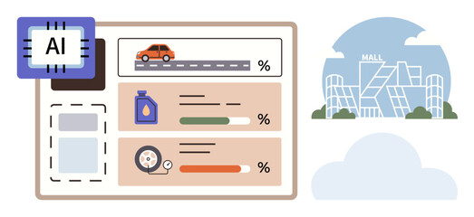 Automotive dashboard analyzing performance data with AI chip, car stats panel, urban landscape view. Ideal for AI, vehicle tracking, smart city, technology, innovation, transportation data