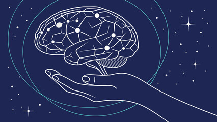 Hand cradling a stylized brain against a starry night sky