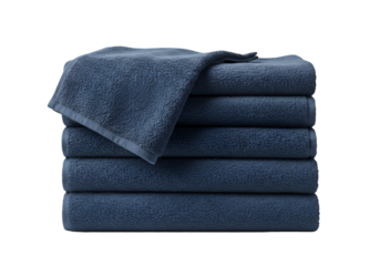Stack of folded blue towels isolated on transparent background, soft cotton fabric ideal for bathroom, spa, hotel, and home interior design projects.