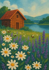 Rustic cabin amidst vibrant wildflowers.