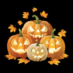  Stack of Happy Pumpkins with Autumn Leaves Halloween Decoration Elements Vector Cartoon Illustration
