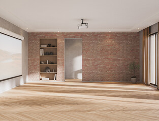 Modern living-dining space with exposed brick wall, gray sofa, wooden furniture, and warm minimalist decor, 3d render